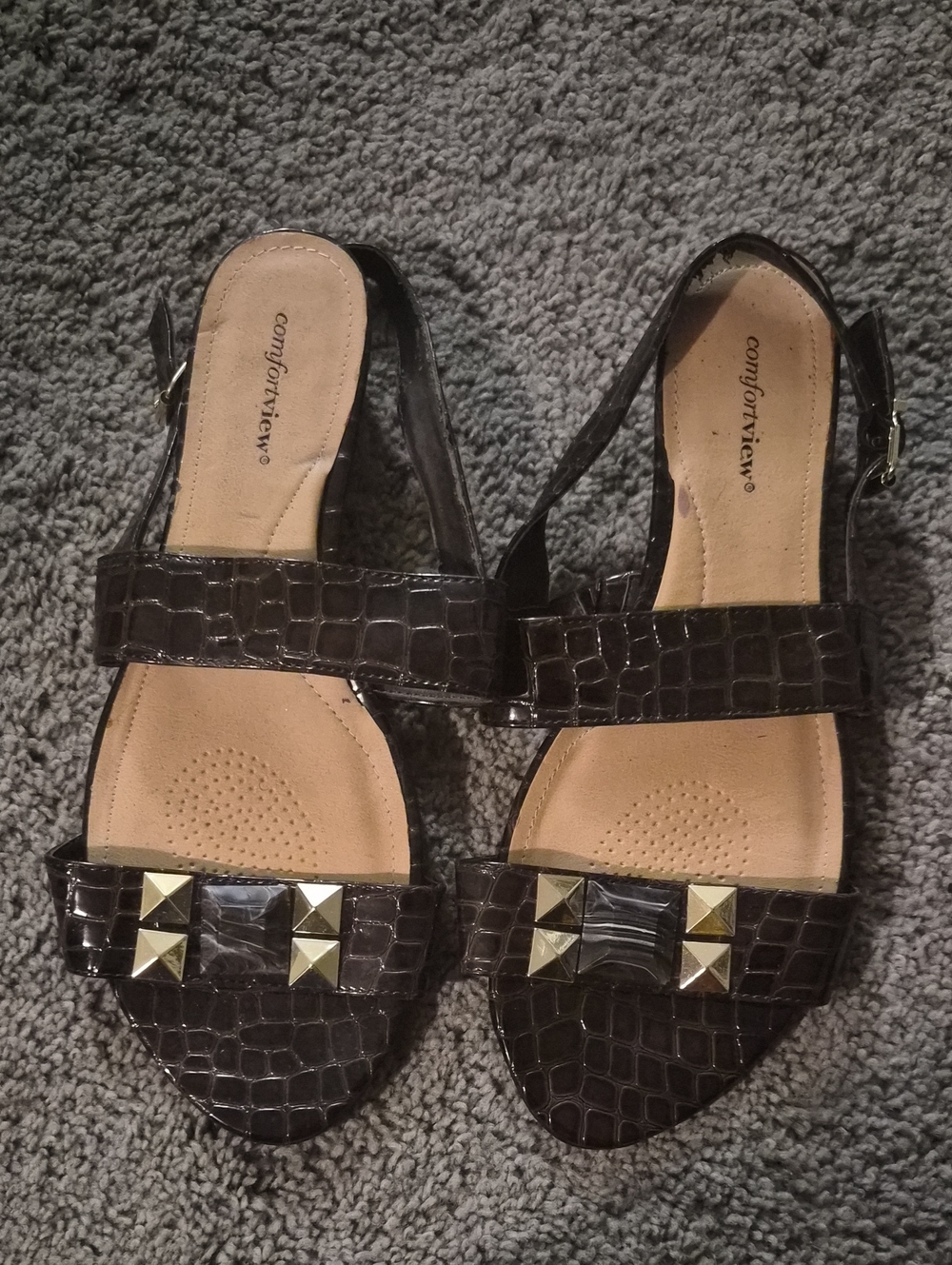 comfortview Dark Brown Croc-Embossed Studded Slingback Sandals